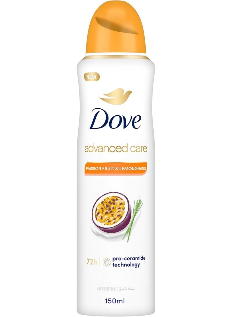 Dove رذاذ مزيل العرق المتقدم للعناية، فاكهة العاطفة وعشب الليمون، حماية من العرق والرائحة لمدة 72 ساعة وترطيب مع تقنية برو-سيراميد، 150 مل - Image 1